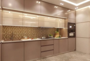 Smart kitchen layout with overhead storage by interior designers Chennai