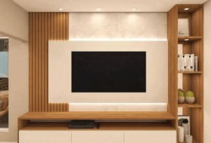 Wall-mounted TV unit with storage designed by expert interior designers in Chennai