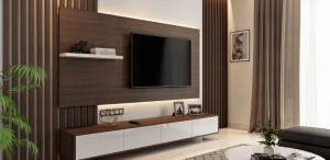 Contemporary floating TV unit with sleek storage by Chennai interior designers