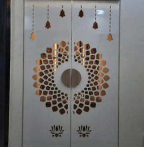 Traditional wooden pooja unit crafted by expert Chennai interior designers