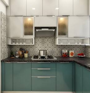 Modern kitchen cabinet with glossy finish by expert interior designers in Chennai