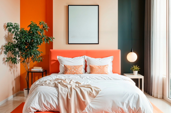 Modern bedroom in Adambakkam with orange-themed palette, cozy furnishings, and elegant décor.
