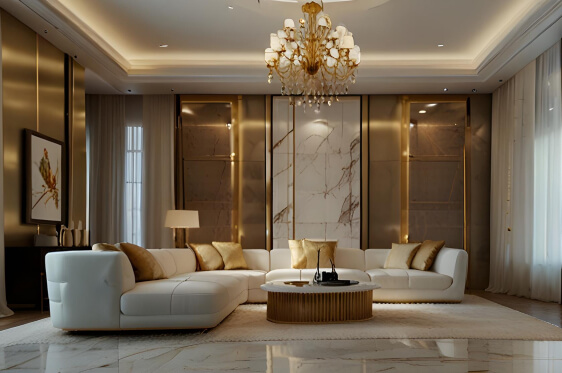 Classic living room with ornate mouldings by luxury interior designers